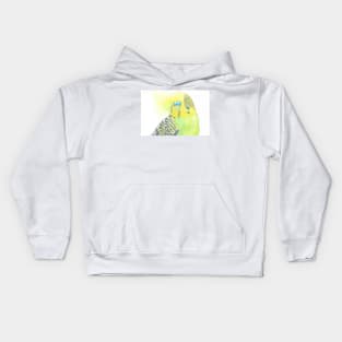 Watercolor green and yellow budgies - parakeet painting portrait with back wash Kids Hoodie